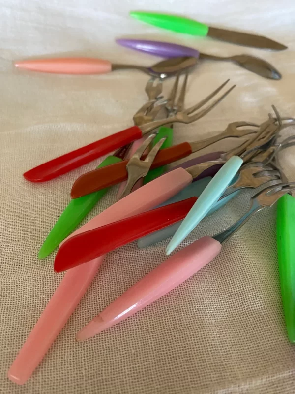 Hors d oeuvre forks Multicolor Plastic Handles Stainless Fork Vintage Set of Fifteen Little Forks close to pink