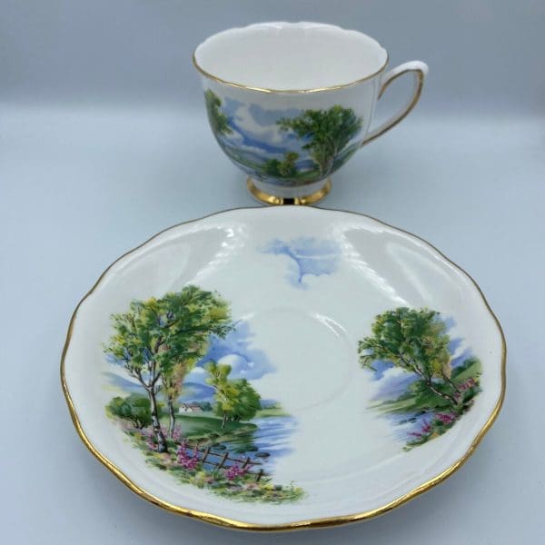 Colclough china tea cup and saucer with country home stream scene