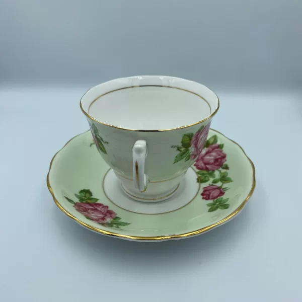 mint green tea cups Colclough Green Tea Cup and Saucer with Pink Roses handle with gold trim