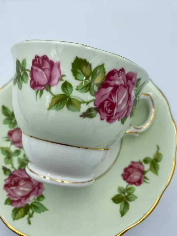 mint green tea cups Colclough Green Tea Cup and Saucer with Pink Roses close of design