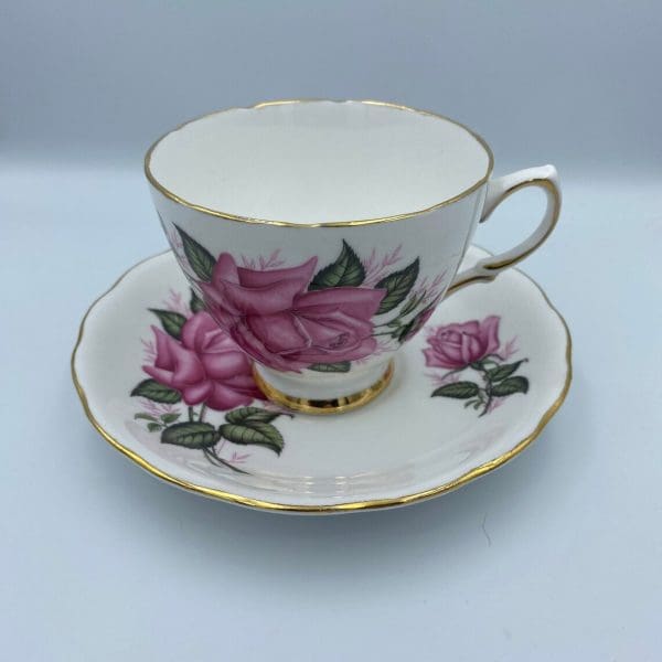 vintage rose tea cups Colclough Long Stem Pink Rose Teacup and Saucer Set front