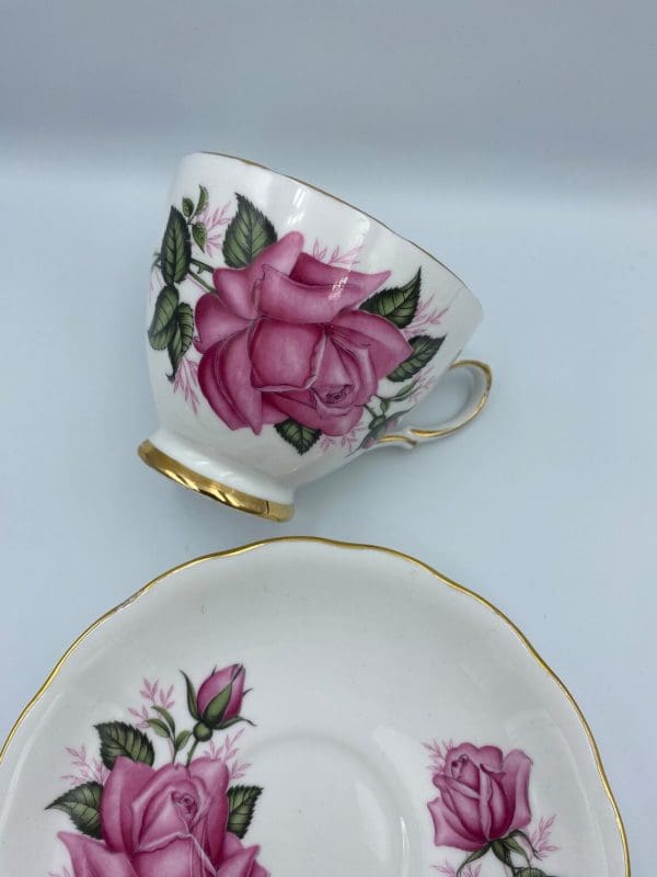 vintage rose tea cups Colclough Long Stem Pink Rose Teacup and Saucer Set cup gold trim