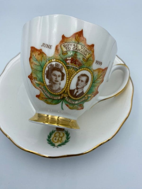 Queen Elizabeth tea cup Royal visit to Canada 1959 Queen with Prince Phillip in Maple Leaf on front