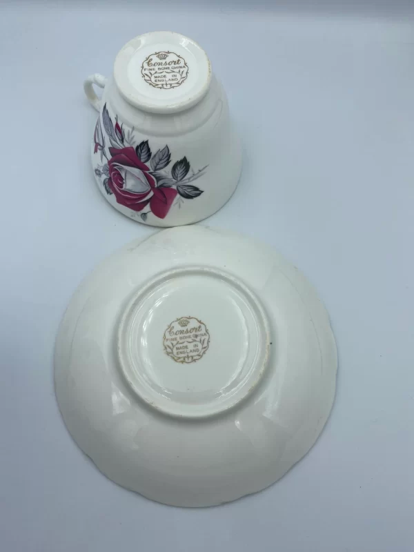 pink rose tea cup Consort bottom of both pieces showing the makers mark