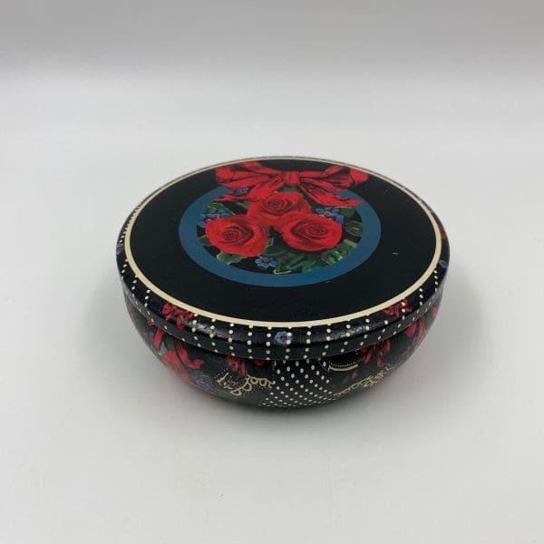 vintage cookie tins black with white polka dots and red roses flowers side