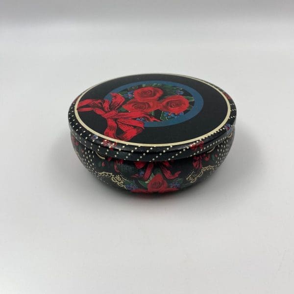 vintage cookie tins side white dots on black with red roses and bow design