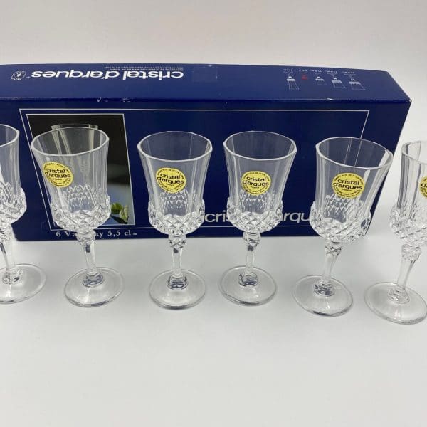 crystal dessert wine glasses new old stock with stickers on glasses