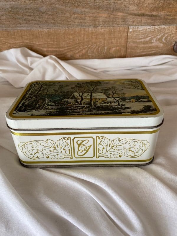 Currier and Ives tins side white with gold design