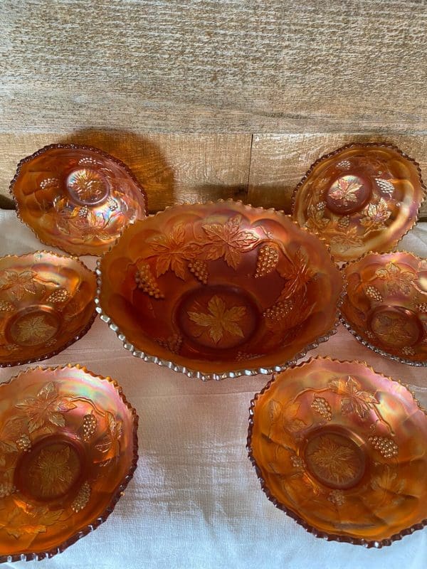 carnival glass grape bowls top view set of seven