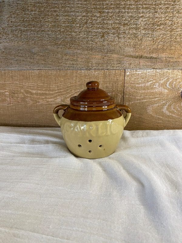 ceramic garlic pot tan and brown