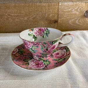 chintz tea cups pink with pink flower front