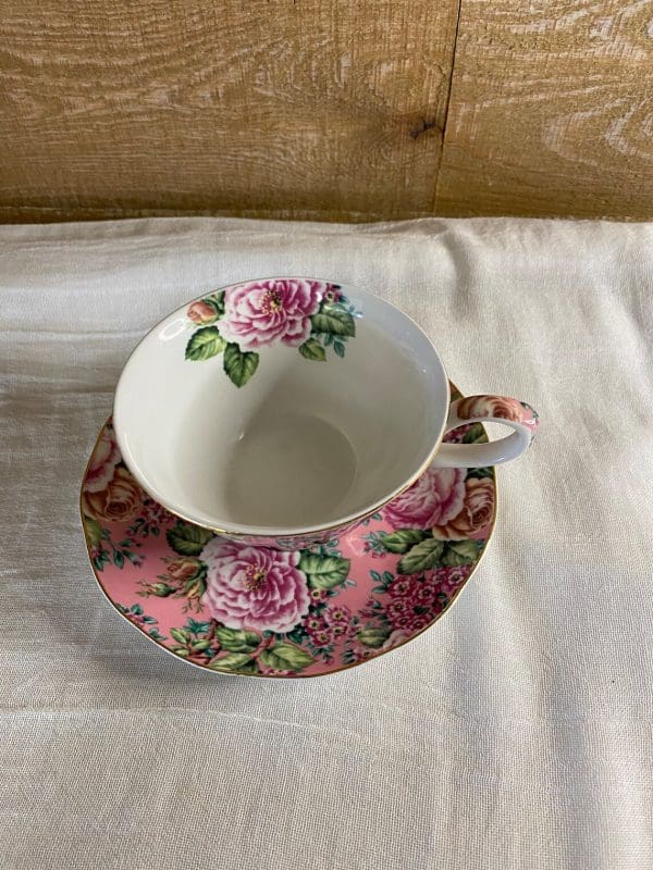 chintz tea cups pink with white inside top view