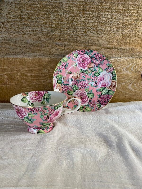 chintz tea cups saucer behind teacup matching pair