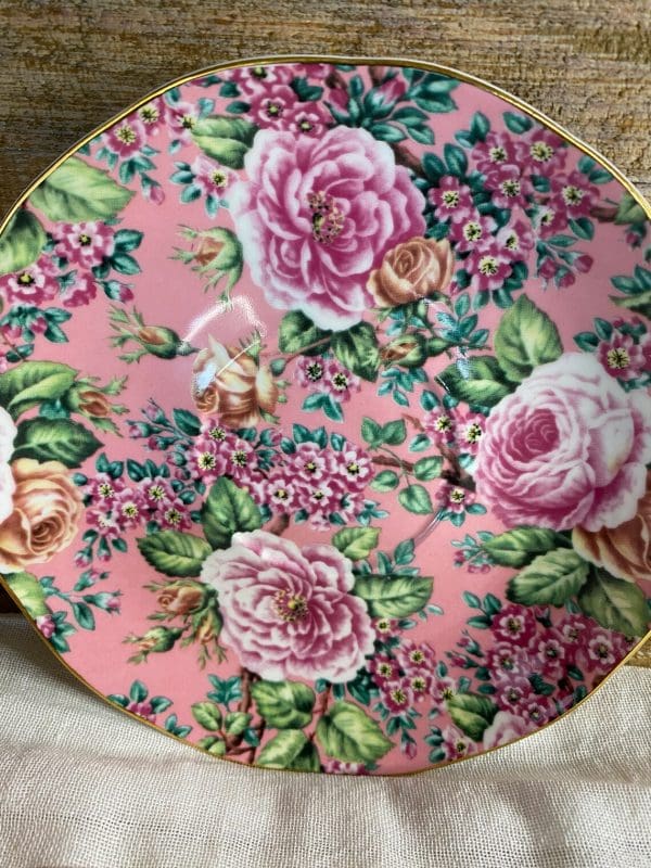 chintz tea cups close floral detail on saucer