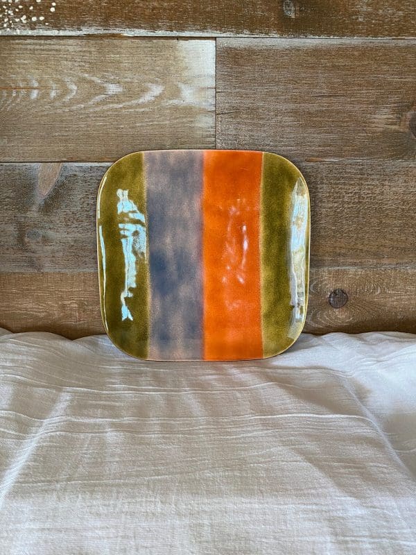 copper enamel plates front green purple and orange stripe