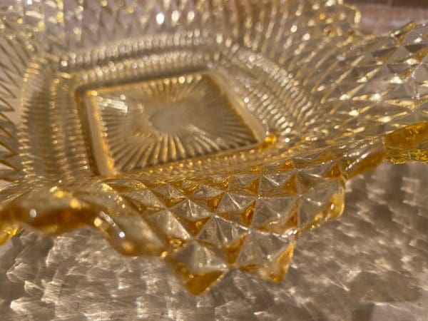 amber hobnail glass diamond point candy dish