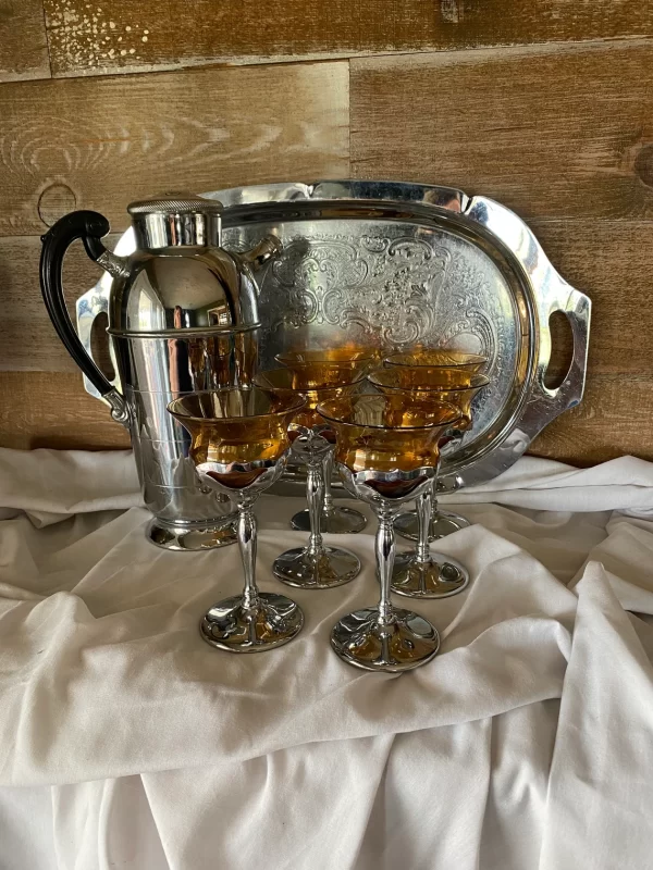 vintage cocktail set embossed tray shaker pourer six amber cups