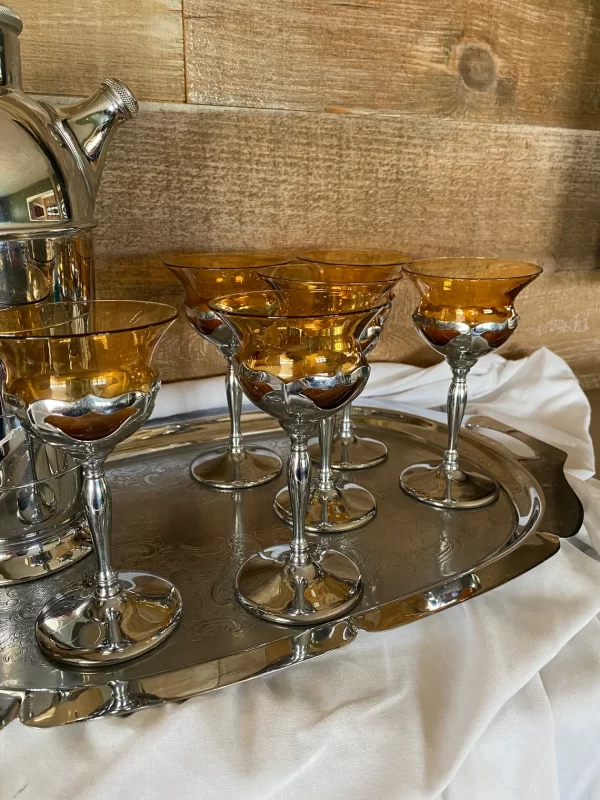 vintage cocktail set six cup shaker server tray amber glass chrome and bakelite