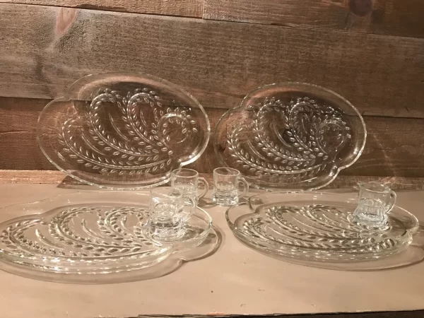 vintage glass snack plates with cups clear set of four