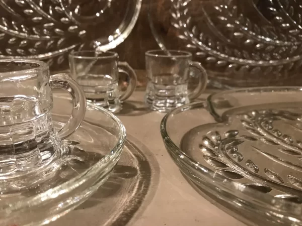 vintage glass snack plates with cups clear set of four close to show detail and pattern