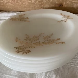 milk glass dinner plates Federal Golden Glory set of six all stacked