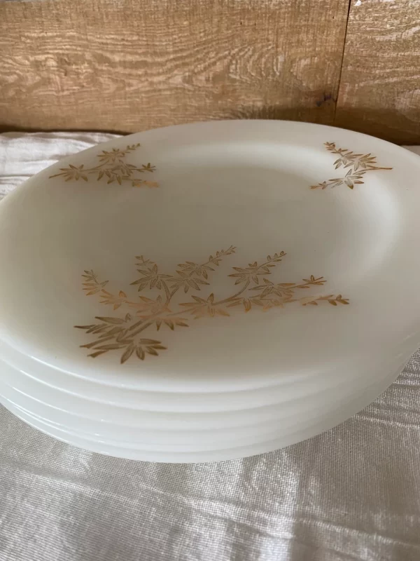 milk glass dinner plates Federal Golden Glory set of six all stacked