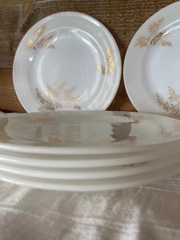 milk glass dinner plates Federal Golden Glory set of six stacked