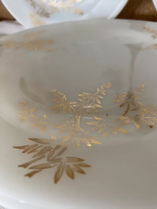 milk glass dinner plates Federal Golden Glory set of six gold