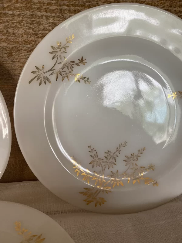 milk glass dinner plates Federal Golden Glory set of six gold flower design