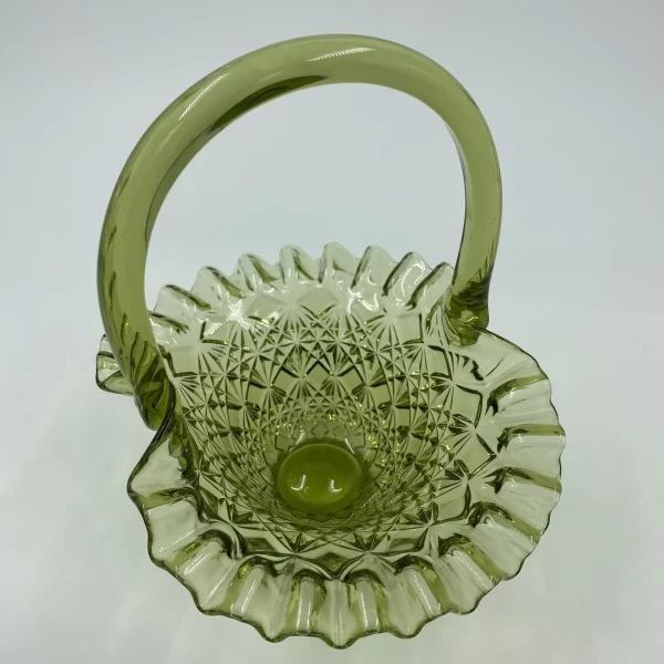 Fenton green glass basket Olde Virginia top showing inside