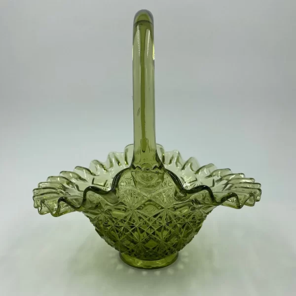 Fenton green glass basket Olde Virginia left side