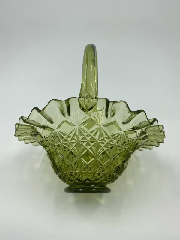 Fenton green glass basket Olde Virginia side