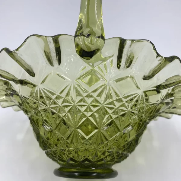 Fenton green glass basket Olde Virginia close side showing block diamond pattern