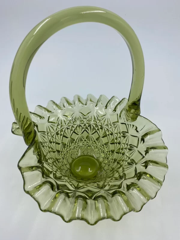 Fenton green glass basket Olde Virginia ruffled edges