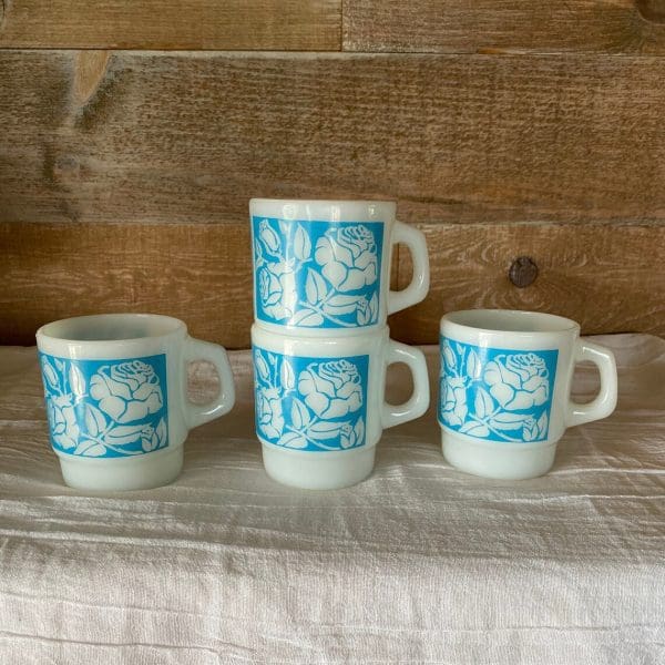 Fire King milk glass mug blue with white flowers