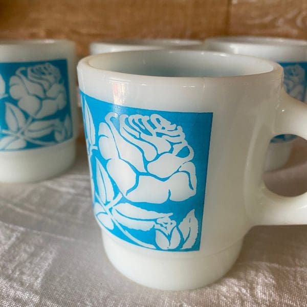 Fire King milk glass mug blue with white flowers close handle