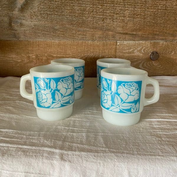 Fire King milk glass mug blue with white flowers front