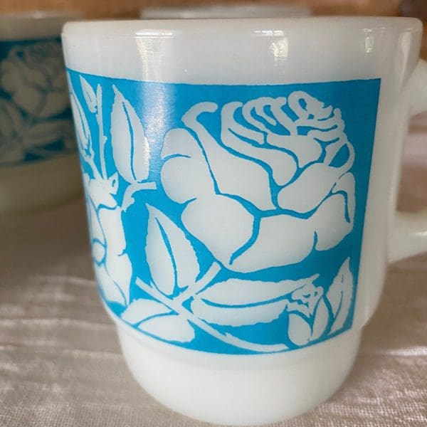 Fire King milk glass mug blue with white flowers roses