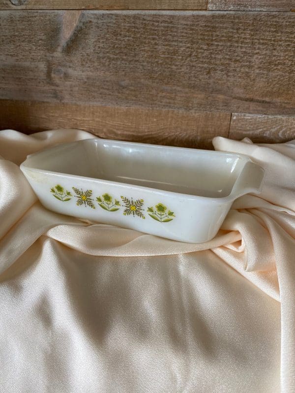 Fire King meadow green casserole dish Anchor Hocking side angle