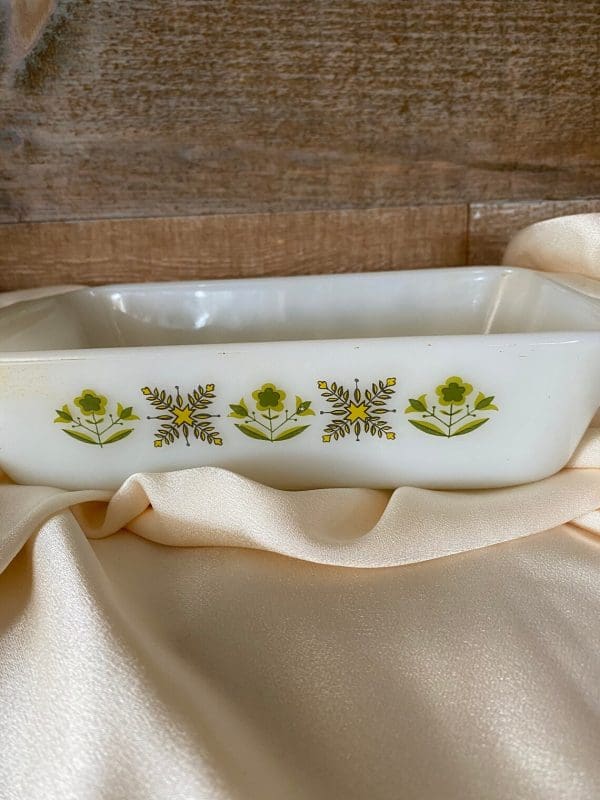 Fire King meadow green casserole dish Anchor Hocking side close