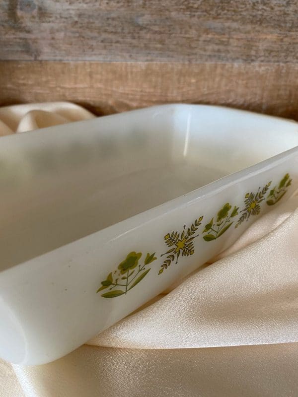 Fire King meadow green casserole dish Anchor Hocking side close