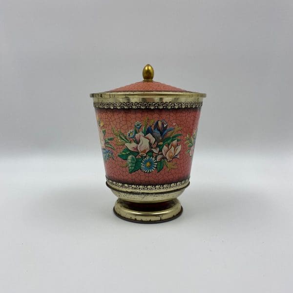 vintage tins Pedestal with Floral Design Gold Pink Crackle Finish floral design front