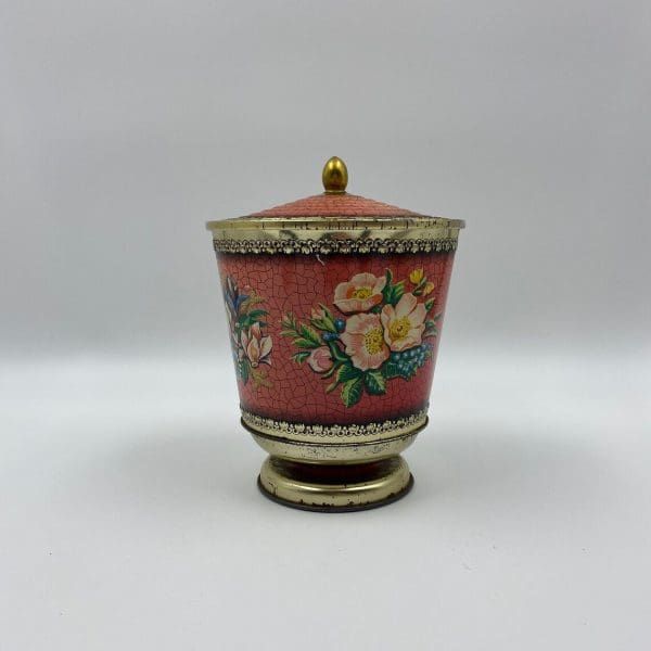 vintage tins Pedestal with Floral Design Gold Pink Crackle Finish floral design