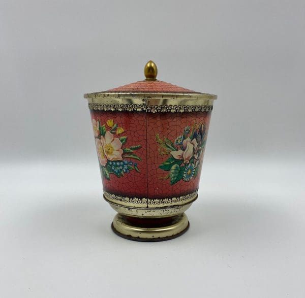 vintage tins Pedestal with Floral Design Gold Pink Crackle Finish floral design back