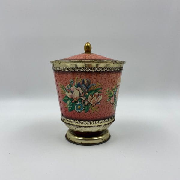 vintage tins Pedestal with Floral Design Gold Pink Crackle Finish floral design side