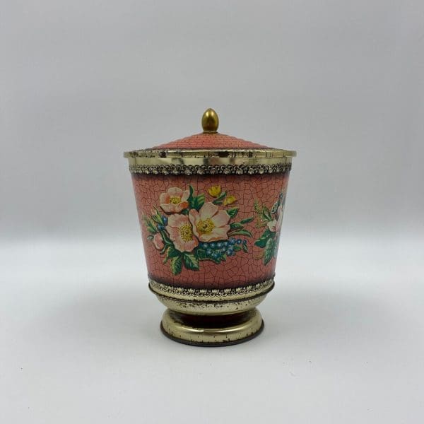 vintage tins Pedestal with Floral Design Gold Pink Crackle Finish floral design right side