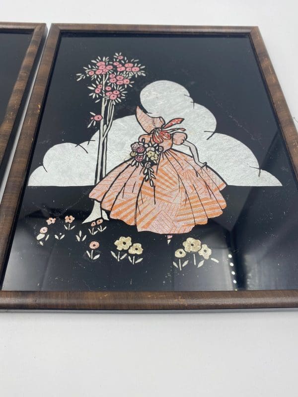 vintage foil art pictures lady in pink dress silver cloud and flowers with a flowers tree on black