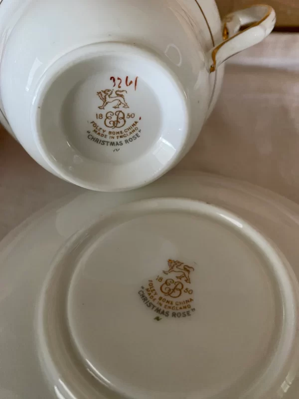 Foley teacup and saucer bottom of both named Christmas Rose