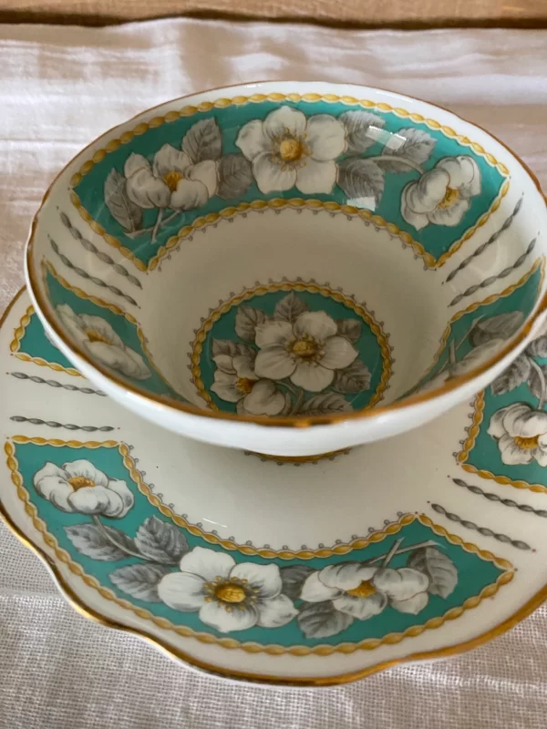 foley teacup and saucer side view showing Christmas Rose design