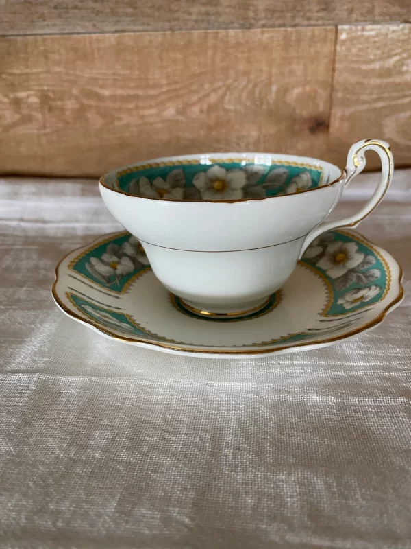 foley teacup and saucer close side showing white outside of tea cup